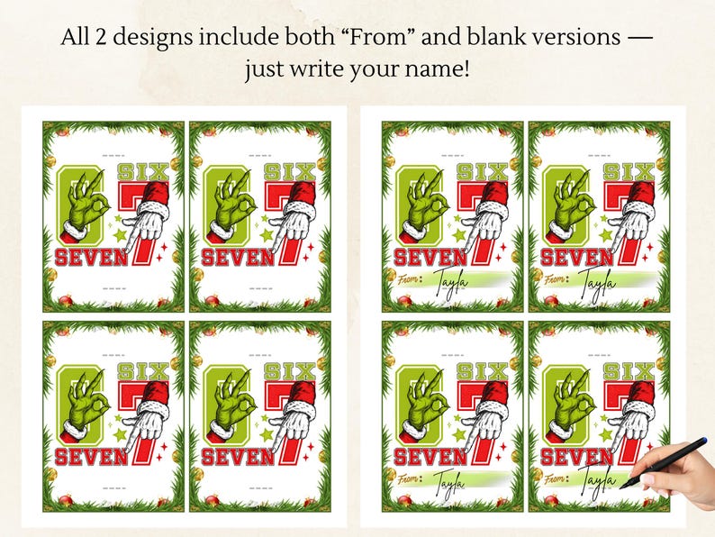 Pu&ograve; includere: Biglietti d'auguri con un gesto della mano verde, un '7' rosso e la parola 'SEVEN'. Le carte hanno un bordo verde e bianco con il testo 'From: Tayla'. &Egrave; visibile anche il testo 'All 2 designs include both "From" and blank versions - just write your name!'.