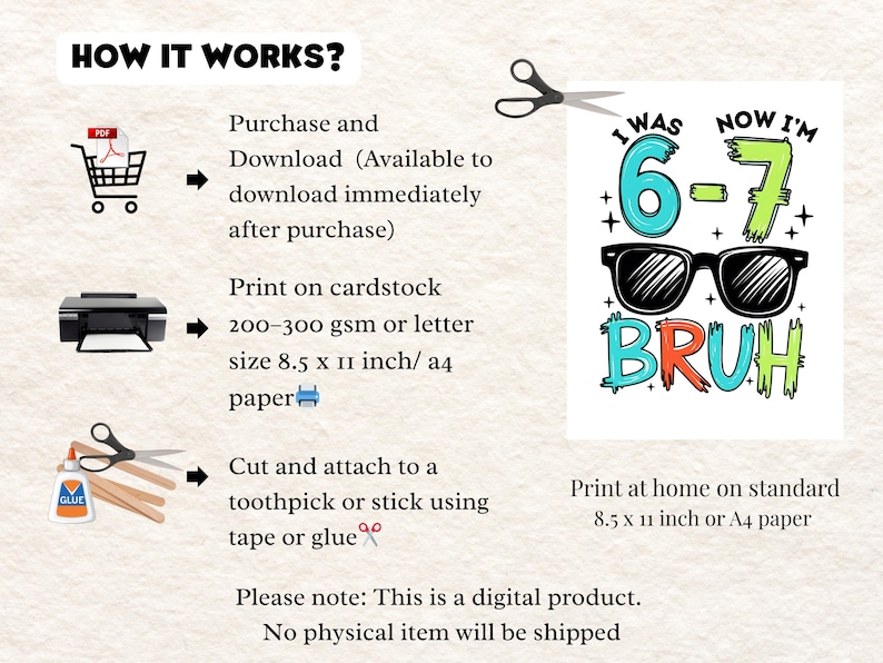 Peut inclure: T&eacute;l&eacute;chargement num&eacute;rique avec instructions. Le design pr&eacute;sente le texte "I WAS 6, NOW I'M 7 BRUH" en lettres color&eacute;es, avec des lunettes de soleil. Instructions pour imprimer sur papier A4 et attacher &agrave; un cure-dent.
