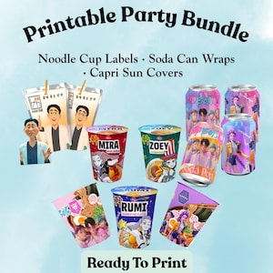 K-Pop Anime Style Party Labels · Ramen Noodle Cup Wrapper · Soda Can Wraps · Juice Pouch Label · Printable Birthday Party Favors