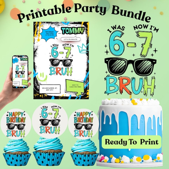 67 Birthday Bundle Invitation, Cake Topper and Cupcake topper I was 6 Now Im 7 Birthday Party 7th Birthday Decor Topper (Digital Download)