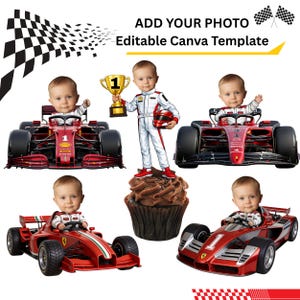 Op de afbeelding: Een bewerkbare Canva-sjabloon met een baby in een racepak en een Formule 1-raceauto. De afbeelding bevat een gouden trofee, geblokte vlaggen en de tekst "ADD YOUR PHOTO Editable Canva Template".