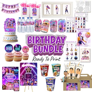 May include: A selection of K-Pop themed party items, including a banner, gift bags, framed art prints, cupcakes, water bottles, soda cans, and a cake. The text "Birthday Bundle" and "Ready To Print" are displayed.