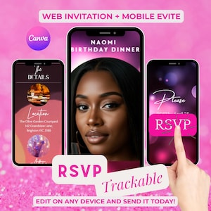 Puede incluir: Imagen promocional para un servicio de invitaciones digitales. Tres smartphones muestran los detalles de la invitación, incluyendo una foto de una mujer, información del evento y un botón de RSVP. La imagen incluye el logo de Canva y el texto: "WEB INVITATION + MOBILE EVITE."