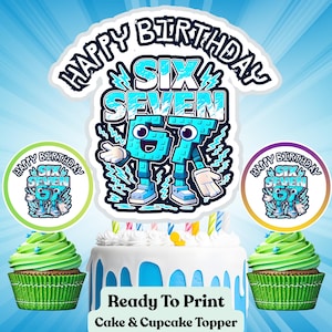 Lot de 67 décorations d'anniversaire pour gâteaux et cupcakes, fête meme Six Seven (téléchargement numérique)