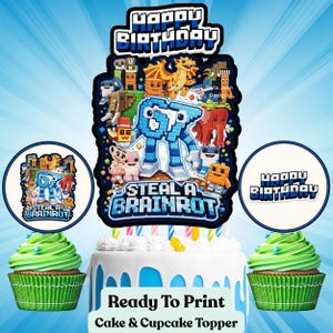 Six Seven 67 Brainrot anniversaire Topper personnages enfants Gaming Party Decor, Six Seven 67 drôle, goutte de crème glacée 67, téléchargement numérique Meme 67