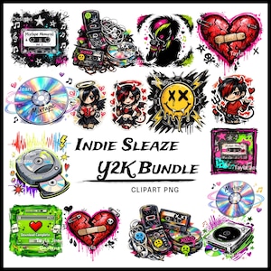 May include: A collection of Y2K-themed digital clip art, featuring cassette tapes, CDs, a flip phone, and a broken heart with a bandage. The designs include a smiley face, an angel, and a devil character. The text reads "Indie Sleaze Y2K Bundle."