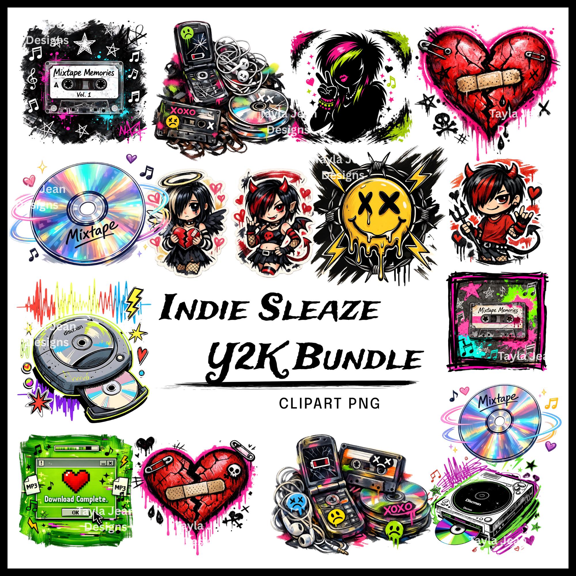 Indie Sleaze Y2K Clipart Bundle PNG – 15 Emo Grunge Aesthetic