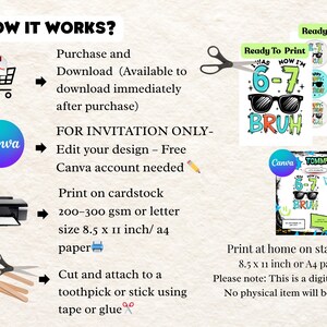 以下が含まれることがあります： デジタル招待状の説明グラフィック。テキストには「How it Works?」と、購入、ダウンロード、Canvaでの編集、厚紙への印刷、カットの手順が含まれています。招待状のデザインはサングラスと「BRUH」の文字が特徴です。