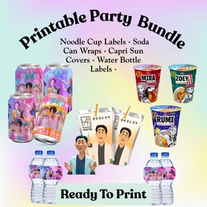 K-Pop Anime Style Party Bundle · Noodle Cup Labels · Soda Can Wraps · Juice Pouch Covers · Water Bottle Labels · Printable Party Favors