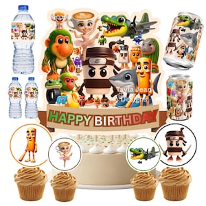 May include: A birthday cake with a "Happy Birthday" banner, surrounded by cupcakes, water bottles, and soda cans, all decorated with cartoon characters. The cake is beige with white frosting.
