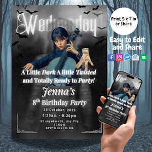 Wednesday Addams Birthday Invitation: Gothic Party, Editable Canva Template (Printable Digital Download 5x7in