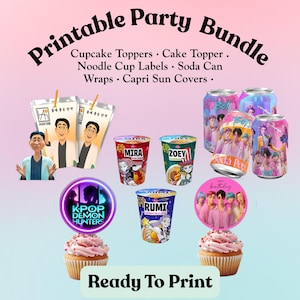 KPop Anime Style Party Labels · Soda Can Wraps · Juice Pouch Label · Ramen Cup Wrapper · Cupcake Toppers · Printable Party Favors