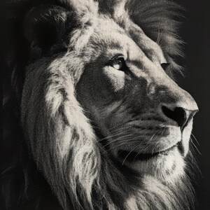 May include: A black and white portrait of a lion's head in profile. The lion's fur is detailed, with a focus on the mane and facial features. The image is a close-up, highlighting the texture and detail of the lion's fur.