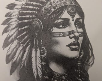 Native women. Art on tile. Etching.