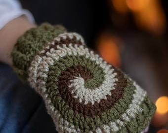 Handmade Crochet Fingerless Gloves: Green Brown Spiral, Boho Hand Warmers