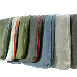 Könnte beinhalten: Ein Set aus neun Reißverschlusstaschen in verschiedenen Farben und Stoffen, darunter Grün, Grau, Blau und Beige. Die Taschen haben kontrastfarbene Reißverschlüsse und sind in einer Reihe angeordnet.