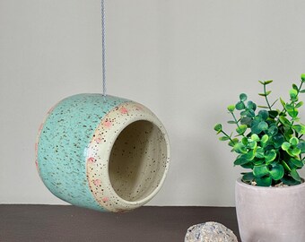 Suet ball holder hanging, bird feeder made of ceramic turquoise