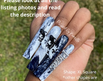 Black & White Pisces Marble Press On Nails | Luxury Press On Nails | Fake Nails | Glue On Nails | XL Nails | Long Nails | Press Ons