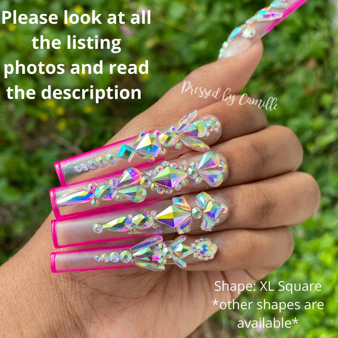 Clear & Pink Bling Press on Nails Luxury Press on Nails Square Nails Glue on Nails XL Nails Long
