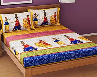 Rajasthani Jaipuri Kathputli Print 144 TC Cotton Double Bedsheet with 2 Pillow Covers