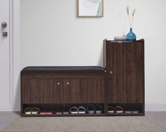 Engineered Wood Shoe Rack Combo with Cushion Seat (2 Door & 1 Door, 25 Pair, Dark Walnut)