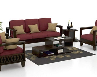Premium Export Quality Wooden Sofa Set 3+2+1 (Wooden Finish, Maroon)