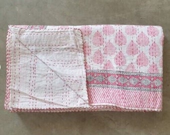 Pink White Leaf Print Queen Kantha Quilt Cotton Bedspread Blanket Throw