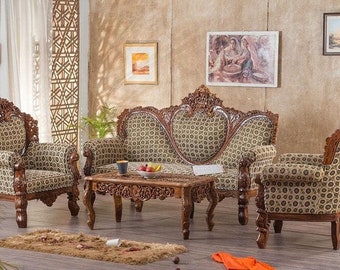 Royal Design Traditional Look Sofa Set with Natural Finish, 5 Seater Sofa Set for Living Room Furniture(3+1+1 Seater)