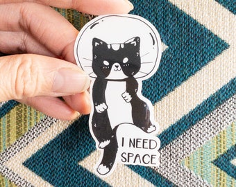 Clear: I Need Space Vinyl Cat in Space astronaut sticker. Weatherproof, perfect for hydroflask, laptop decal, windows, cute cat gifts