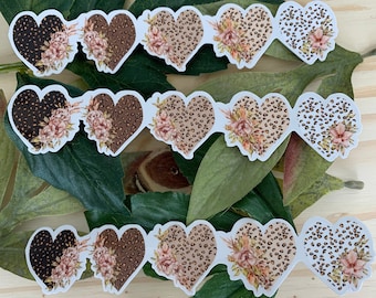 Black Lives Matter Floral Leopard Print Hearts Sticker, Diversity Hearts Sticker, Skin Color Hearts, BLM Hearts Decal or Sticker Sheets