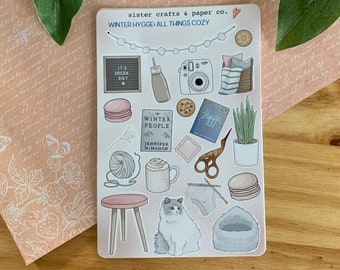Winter Hygge: All Things Cozy Sticker Sheet in Matte or Glossy - great for BUJO, journaling, decorating stickers, gifts for Friend, Sister