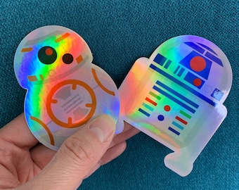 BB8 & R2D2 vinilo holográfico, troquelado, pegatina resistente a la intemperie / calcomanía de 3" de alto para hidroflask o calcomanía portátil, regalos lindos para los fans de Star Wars