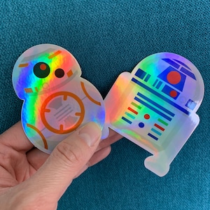 BB8 & R2D2 Holographic Vinyl, Die-Cut, weatherproof Sticker/decal 3" tall for hydroflask or laptop decal, cute gifts for star wars fans