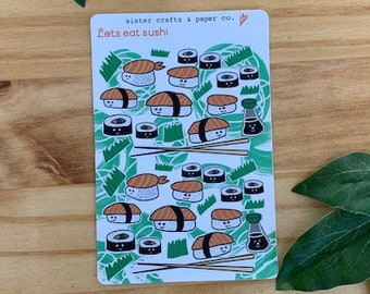 Let's Eat Sushi cute Sticker Sheet in glossy or matte,  great for BUJO, decorating, asian inspired sticker gifts for Sushi-Lover