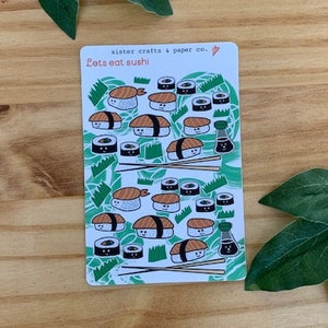 Vamos a comer sushi lindo hoja de pegatinas en brillante o mate, ideal para BUJO, decoración, regalos de pegatinas de inspiración asiática para Sushi-Lover