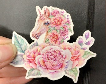 Pretty-in-Pink Floral Unicorn 2.8"x2.5" Vinyl Sticker. Weatherproof, good for hydroflask, laptop decal, windows, cute unicorn-themed gifts