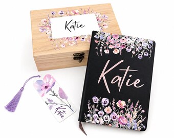 Personalized Wildflower Gift Set: Wooden Keepsake box with matching Journal and Bookmark