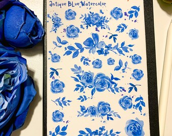 Cute glossy or matte sticker sheet: Antique Blue Floral Watercolor for bullet journaling, bujo decorating, stationary or birthday gifts