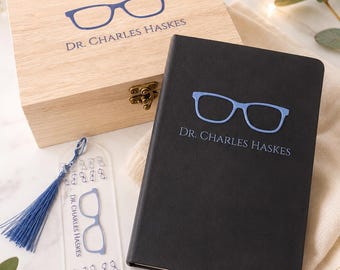 Personalized Gift Set for Eye Doctor: Optometrist / Ophthalmologist / Optician Wooden Keepsake box, Journal & Bookmark