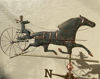 Vintage Copper & Brass Sulky, Jockey and Flats Horse Weathervane Americana Collectable in Equestrian Weather vane