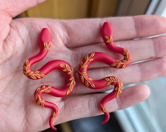Red snakes with gold leaves | handmade clay earrings