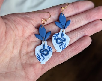 Mini porcelain snake floral vase | handmade clay earrings