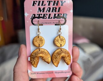 Monochrome Gold Floral fortune cookies| handmade clay earrings