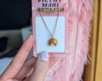 Fortune cookie gold necklace| andmade polymer clay