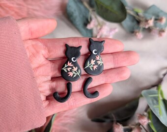 Black Moon floral cat | handmade Polymer Clay Earrings