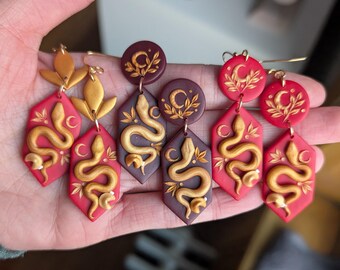 Lunar Red snakes, fortune cookies and florals | handmade clay earrings
