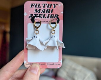 Mini Sheet faced ghost dangles | handmade polymer clay earrings