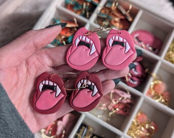 Lips and vampire teeth hoop earrings| handmade clay earrings