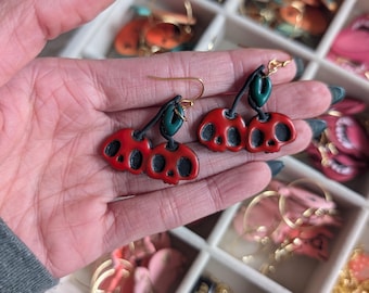 Skull red cherry earrings| handmade clay earrings