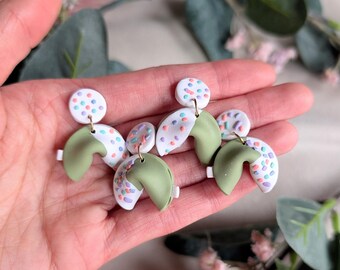 Matcha fortune cookies with icing and sprinkles | handmade clay earrings